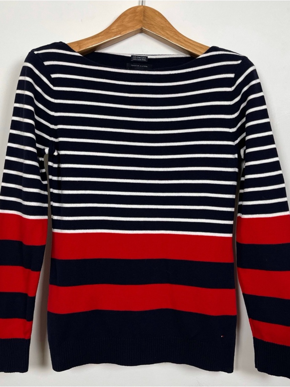 Tommy‎ Hilfiger Navy White Red Pima Cotton Striped Boatneck Sweater Size Large
